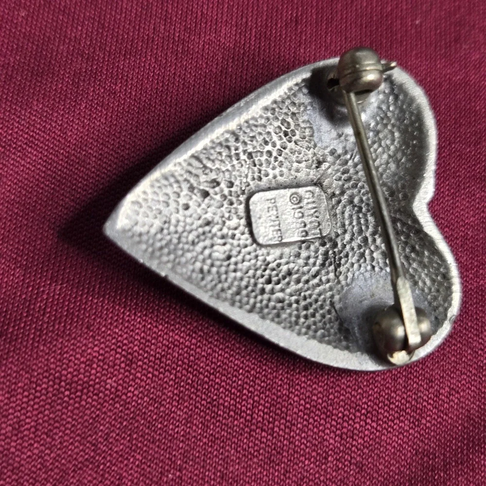 Vintage Guyot Heart Brooch Lapel Pin Pewter Silver Tone Signed 1989 Nurse Pin 1